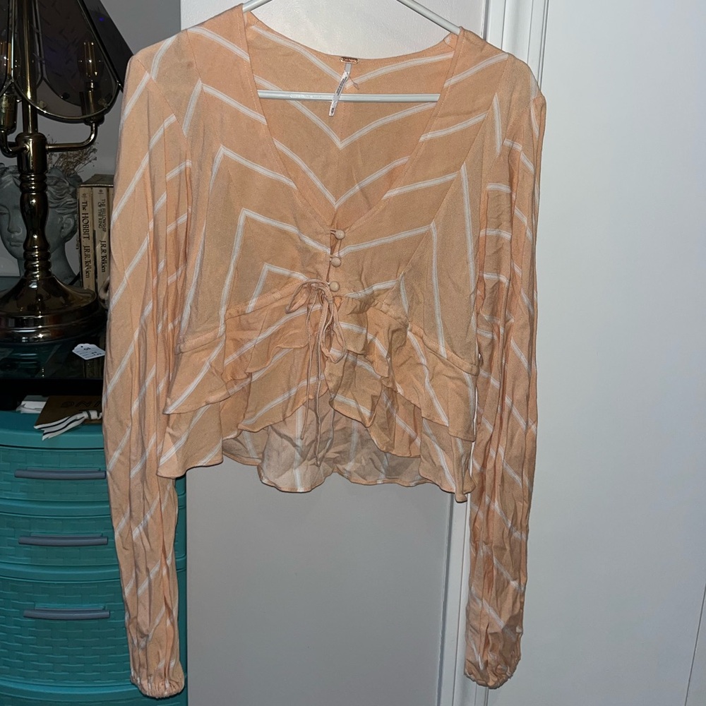 Free People Peach Chevron Ruffle Blouse